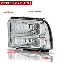 Headlight Assembly Compatible with 2005-2007 Ford F250 F350 F450 F550 Super Duty Left Right Headlamp Set Chrome Housing Clear Corner C3Z13008AB C3Z13008BB 6C3Z13008CB 6C3Z13008D