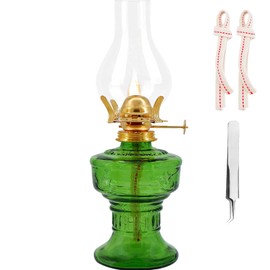 Kerosene Oil Lamp,1 Vintage Kerosene Lamp,1 Tweezers and 2 Wicks,Glass Hurricane Lantern for Indoor Lighting Decoration Outdoor Camping Use (Green)