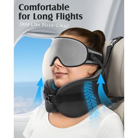 YFONG Travel Pillow for Long Flight Airplanes, Head Strap Combo with 3D Contoured Eye Mask for Sleep, Neck Pillow for Car Trip Essential, 360° Support Memory Foam Headrest, Prevent Head Bobbing, Grey