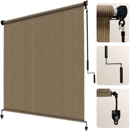 Artpuch Outdoor Roller Shade 5' W x 6' H Fabric Blind Walnut Cordless Roll Up Shade, Wand Operation Exterior Roller Shade Cloth for Patio Porch Gazebo, 2 Poles and 1 Piece Fabric