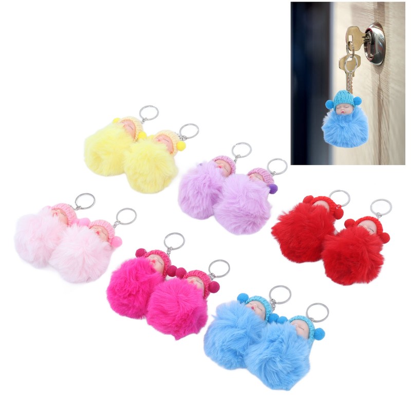 12 Pcs Sleeping Baby Pendant Key Ring Plush Fluffy Cute