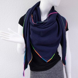 Gloop Women's Scarf XXL Triangular Scarf Women's Triangle Scarf Cotton Muslin Scarf Poncho Without Scratching on Skin Made in Italy 135 cm × 135 cm × 220 cm, darkblue