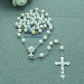 First Holy Communion Party Favor (12 PCS) Faux Pearl Rosary with Silver Plated Accents/Recuerdos para Primera Comunion