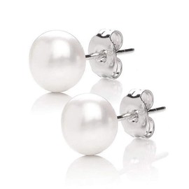MABELLA 925 Solid Sterling Silver AAA Genuine Freshwater Cultured Pearl 8MM White Button Stud Earrings Mother's Day Gifts for Her