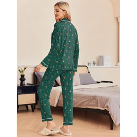 Ekouaer Pajamas Women's Long Sleeve Sleepwear Soft Button Down Loungewear Pjs Lounge Set Nightwear,Christmas Green with Elk,X-Large