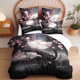 CCoutueChen Japanese Cherry Blossom Duvet Cover Queen Size Black Pink Floral Duvet Cover Set Vintage Flower Moon Bedding Set Aesthetic Soft Microfiber Comforter Cover(2 Pillowcases, No Comforter)