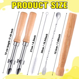 Lasnten 5 Pack Lemonade Stand Supplies Kit Straw Hole Punchers for Plastic Lids Stainless Steel Muddler Mixing Spoon Straw Cleaning Brushes for Lemonade Preparation Wood Handle Hole Punch Tool