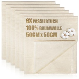 com-four® 6 x baker's linen, cheesecloth, straining cloth, dumpling cloth, 50 x 50 cm, made of 100% cotton, woven cloths for dough preparation, tear-resistant at high moisture, linen cloth for baking