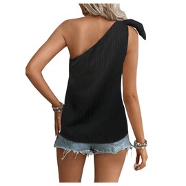 MakeMeChic Women's Casual Knot One Shoulder Sleeveless Solid Blouse Summer Tops Black S