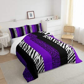 Homewish Leopard Print Comforter Set Queen,Zebra Skin Texture Bedding Set 3pcs for Kids Teens Girls Woman Room Decor, Striped Fashion Quilt Set Black White and Purple Duvet Insert with 2 Pillowcases