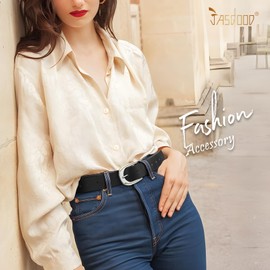 JASGOOD Women's Leather Belts for Jeans Pants Dresses Ladies Faux Leather Waist Belts with Gold and Silver Buckle, Black, For Pant Size 31"-35"