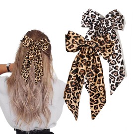 Leopard Print Long Tail Hair Bow Clips - 2Pcs Handmade Ribbon Satin Oversized Bow Metal Barrettes Ponytail Ribbons Butterfly Accessories for Women and Girls (Leopard Print-White/Yellow)