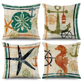 ASDCXZ Maritime Cushion Cover 40 x 40 cm Set of 4 Retro Maritime Anchor Starfish Hippocampus Sofa Decorative Cushion Covers Washable Polyester Linen Textile Cushion Cover Cushion Cover