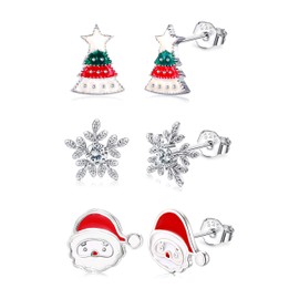 Fiasaso Christmas Earrings 3 Pairs 925 Sterling Silver Christmas Stud Earrings for Women Hypoallergenic Snowman Santa Claus Christmas Tree Snowflake Earrings Christmas Thanksgiving Jewelry Gift