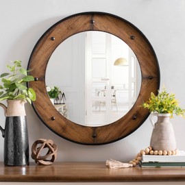 UPPER DECOR Rustic Round Wall Mirror 24 Inch, Natural Wood Frame with Black Metal Trim, Industrial Farmhouse Style Wall Mirror with Decorative Nailhead Accents for Bathroom, Living Room, or Entryway