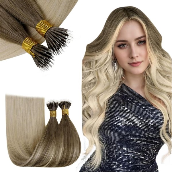 RUNATURE Nano Beads Hair Extensions Balayage Light Brown Ombre Platinum