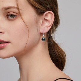 jiamiaoi Women's Pearl Earrings, 925 Silver, Hoop Earrings with Pearls, Pendant Pearl Earrings, Silver Pendant, Real Pearl Earrings, for Girls, 8 - 10 mm, Silver, black pearl