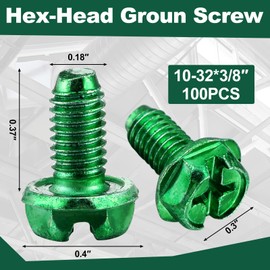 Tandefio 100 Pcs Ground Screws for Electrical Box, 10-32 x 3/8 Inch Green Hex Head Grounding Screw Combo Slotted Hex Washer Head for Electrical Junction Box, Metal Outlet and Switch Boxes