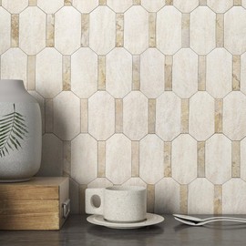 M MOFIT Octagon Marble Mosaic Backsplash Tile for Kitchen Peel and Stick,Shower Tile Waterproof Bathroom Adhesive Tiles Stickers for Wall Matte Stone 3D(Beige,10sheets)