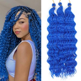 24 Inch Ocean Wave Crochet Hair, 3 Packs, Deep Wave Braiding Hair Curl, Crochet Synthetic Braids, Hair Extension for Women (Blue#, 24 Inches, 3 Packs)