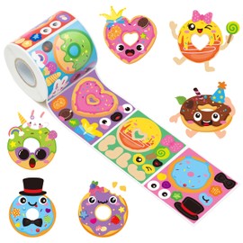 Haooryx 300pcs Make A Donut Face Scene Sticker Roll Make Your Own Cartoon Donut Happy Face Sticker Decal Mix and Match Dessert Sticker for Kid’s Birthday