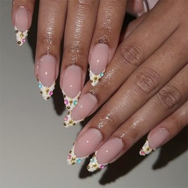 24Pcs French Tip Press on Nails Long Almond Fake Nails Color Rhinestones Nails Tip Full Cover Luxury Acrylic Nails Gold Star Charms False Nails Starburst Artificial Glue on Nails Y2k French Manicure