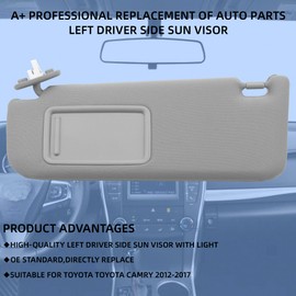 Dasbecan Left Driver Side Sun Visor with Light Compatible with Toyota Camry 2012-2017 Gray 74320-06610-B1 74320-06610-B2 74320-06611-B2 74320-33F40-B0