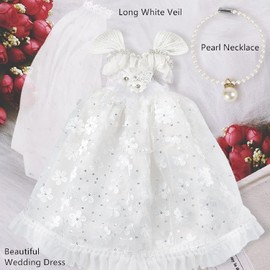 Doll Clothes Accessories Outfits - Bride White Wedding Dress Gown Decoration Flower Lace, Includinf Long Veil & Pearl Necklace Set for 18 inch Baby Doll for Girls Birthday Valentine's Day Gift