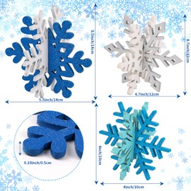 KIMOBER 6Pcs Winter Wooden Snowflake Decorations,Blue Silvery and White Glitter 3D Christmas Wood Snowflake Signs Tabletop Decor Tabletop Centerpiece for Home Xmas Party(Blue White Silvery)