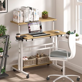 Mobile Standing Desk, Adjustable Rolling Computer Desk with 3 Desktops, Portable Laptop Table with Cup Holder, Home Office Laptop Workstation on Lockable Wheels,Khaki