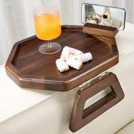 Tinamo Octagonal Acacia Sofa Arm Tray, Couch Armrest Table with Folding Arms - Armchair Caddy, Clip on Tray with Adjustable Arm Hinges for Home Sofa Living Room (Walnut, Octagon Phone Holder)