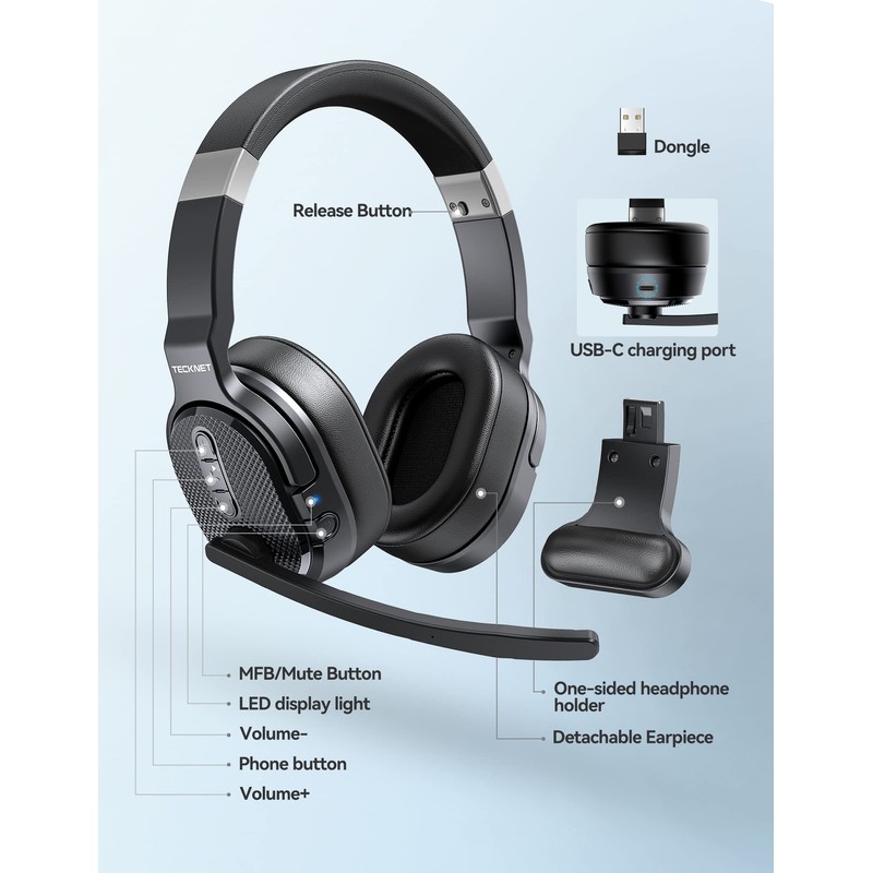 TECKNET Bluetooth Trucker Headset, Single and Dual Ear Wireless Headset