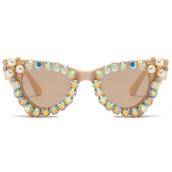 LJCZKA Sparkling Crystal Cat Eye Sunglasses Women Square Rhinestone Pearl