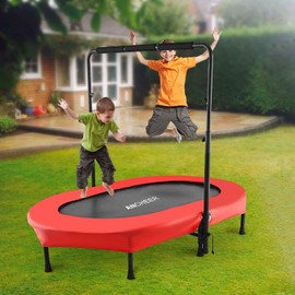 ANCHEER 56'' Foldable Mini Trampoline with Adjustable Handle - Indoor/Outdoor Rebounder for Kids & Toddlers Safe Oval Fitness Trampoline with Bar for Home Fun (Deep Red)