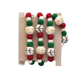 Creative Co-Op Wool Felt Ball Garland with Embroidery, Natural, Red, and Green