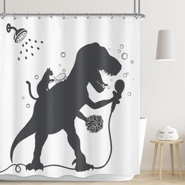 LGhtyro Kids Funny Dinosaur Shower Curtain Bathroom Set 71Wx71H Inches Boys Dino Cat Trex Raptor Animal Shadow Silhouette Bath Cartoon Bath Accessories Black White Art Home Decor Fabric 12 Pack Hooks