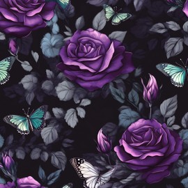 Black Foral Wallpaper Peel and Stick, Dark Purple Rose Contact Paper, Waterproof Self-Adhesive Flower Butterfly Wall Paper for Bedroom Countertop Desk Cabinets Decor 17.4" x 118" Renter Friendly