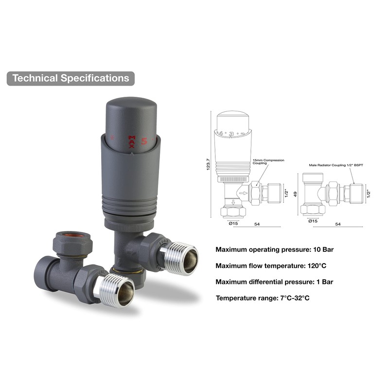 Anthracite Thermostatic Radiator Valve Angled Corner or Straight Grey Radiator