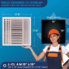 Aluminum 4-Way Vent Cover: Adjustable Curved Blade Air Supply Diffuser- 16 x 16-Plastic Seal for Tight Fit, Quiet Air Flow, Multi-Shutter Damper-[Front Grille Size:17.6"x17.6"][Duct Hole Size:16"x16"]