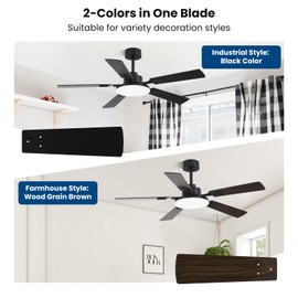 Conciseer 52 Inch Ceiling Fans with Lights and Remote for Bedroom Living Room Kitchen Office, Indoor/Outdoor Use, 3CCT Dimmable, 5 Blades, 6 Speed Reversible Quiet DC Motor, Black/Wood Grain