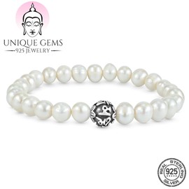 Unique Gems Chakra Buddha Mother of Pearls Pearl Bracelet 925 Sterling Silver Mantra Silver Pearl 8 mm Protective Bracelet, Sterling Silver, Pearl