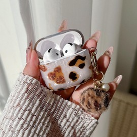 PHOEACC PHOEAC for Airpod 4 Case Cute Luxury Cheetah Print Protective Cover with Furry Ball Pearl Keychain Compatible with AirPods 4th Generation Case 2024 for Girls Women (Leopard Brown)