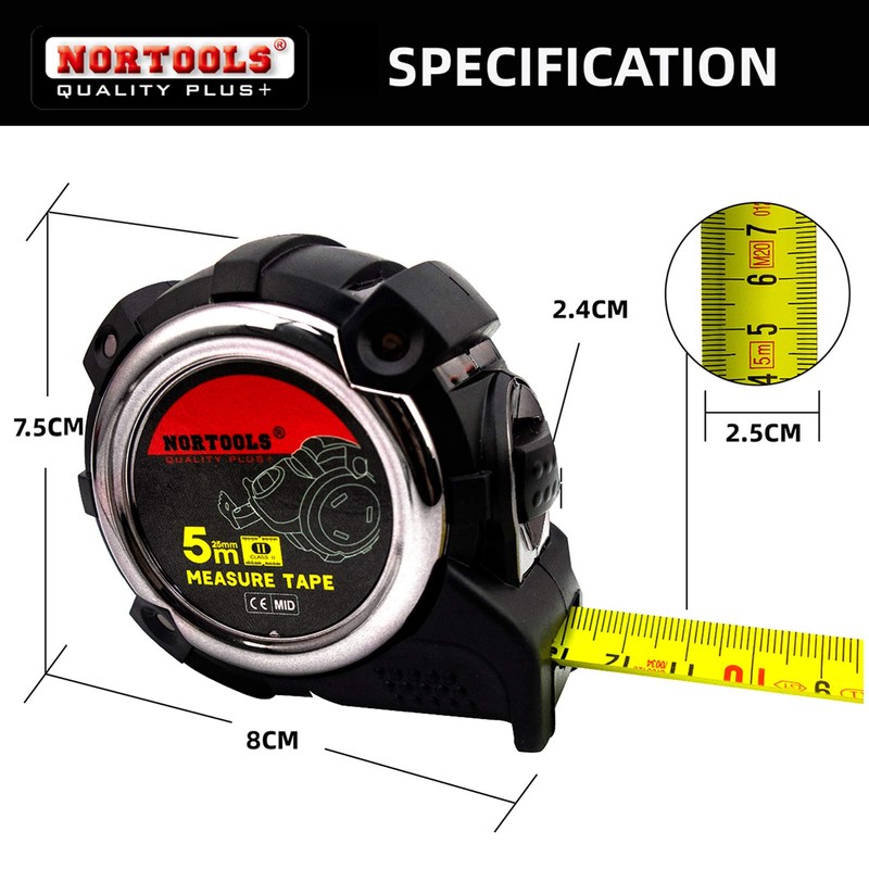 NORTOOLS 5M Retractable Tape Measure with Auto-Lock Professional for Measuring