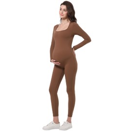 V VOCNI Maternity Jumpsuit Women's Square Neck Long Sleeve Bodycon T Shirts Yoga Leggings Romper Pregnancy Bodysuit Coffee Medium