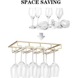 FOMANSH Wine Glass Rack - Under Cabinet Stemware Wine Glass Holder Glasses Storage Hanger 2 Pack Metal Organizer for Bar Kitchen 4 Rows Gold