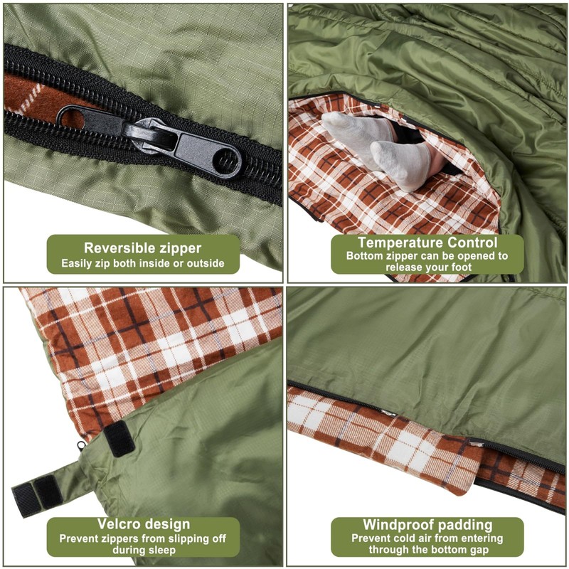 AGEMORE Cotton Flannel Double Sleeping Bag for Camping, Backpacking Or