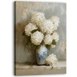 Zeuiwr Vintage White Hydrangea Framed Wall Decor, Neutral Hydrangea Flower Canvas Wall Art, Retro Ginger Jar Floral Pictures Prints Artwork for Home Bedroom Living Room Decor, 11x14 Inches
