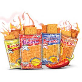 Bento Squid & Surimi Seafood Snack | Thai & Korean-Inspired Asian Snack | Spicy, Sweet, and Savory Flavors | Grilled Seafood Jerky (20g x 4 pack, Fiery Set – Spicy Larb, Sweet & Spicy, Hot & Spicy, Namprik Thai Original)