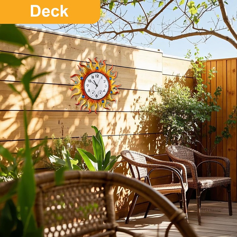 Outdoor Clock Thermometer Combo, Sun Outdoor Wall Clock, Silent Non-Ticking