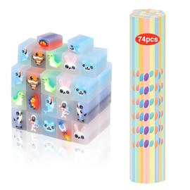 74 Pencils with Eraser Children's Set, 37 Multicoloured Toy PVC Erasers + 37 Pencils Children, Pens Children Party Bag Children's Birthday Party Bag for Children School Office Writing Sketching